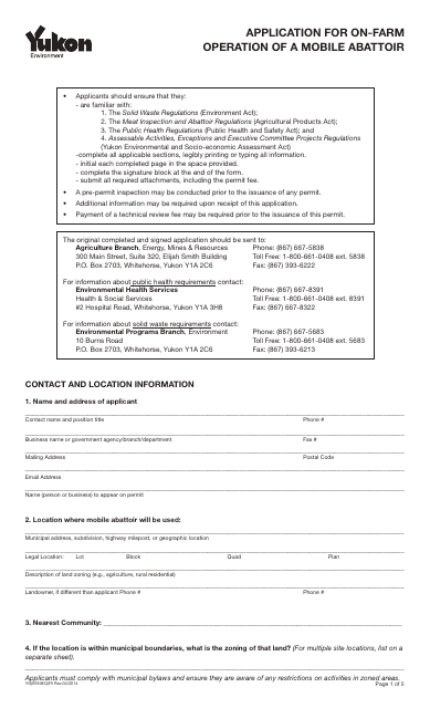 Form YG5639 Application for on-Farm Operation of a Mobile Abattoir - Yukon, Canada