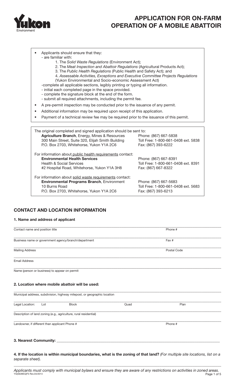 Form YG5639 Application for on-Farm Operation of a Mobile Abattoir - Yukon, Canada, Page 1