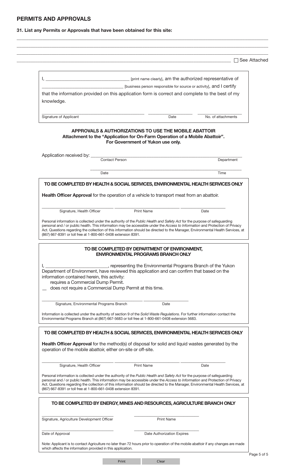 Form YG5639 Application for on-Farm Operation of a Mobile Abattoir - Yukon, Canada, Page 5
