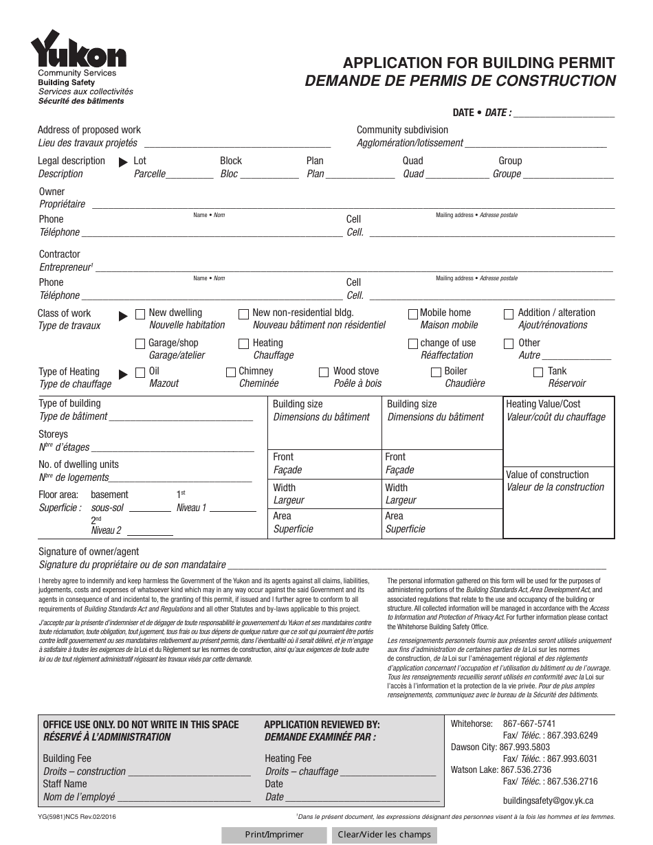 Form YG5981 Application for Building Permit - Yukon, Canada (English / French), Page 1