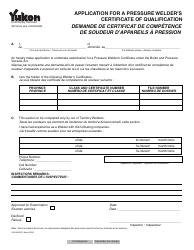Document preview: Form YG5402 Application for a Pressure Welder's Certificate of Qualification - Yukon, Canada (English/French)
