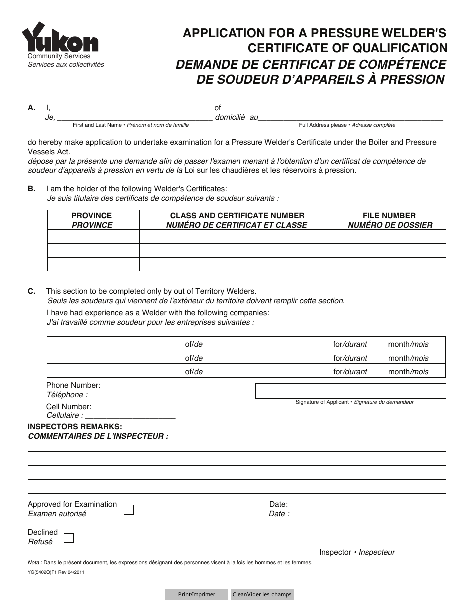 Form YG5402 Application for a Pressure Welders Certificate of Qualification - Yukon, Canada (English / French), Page 1