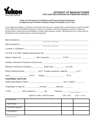 Form YG5399 Affidavit of Manufacturer for Cast Iron Boilers or Pressure Vessels - Yukon, Canada