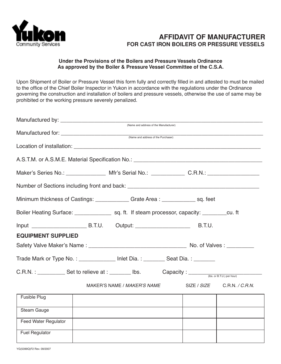 Form YG5399 Affidavit of Manufacturer for Cast Iron Boilers or Pressure Vessels - Yukon, Canada, Page 1