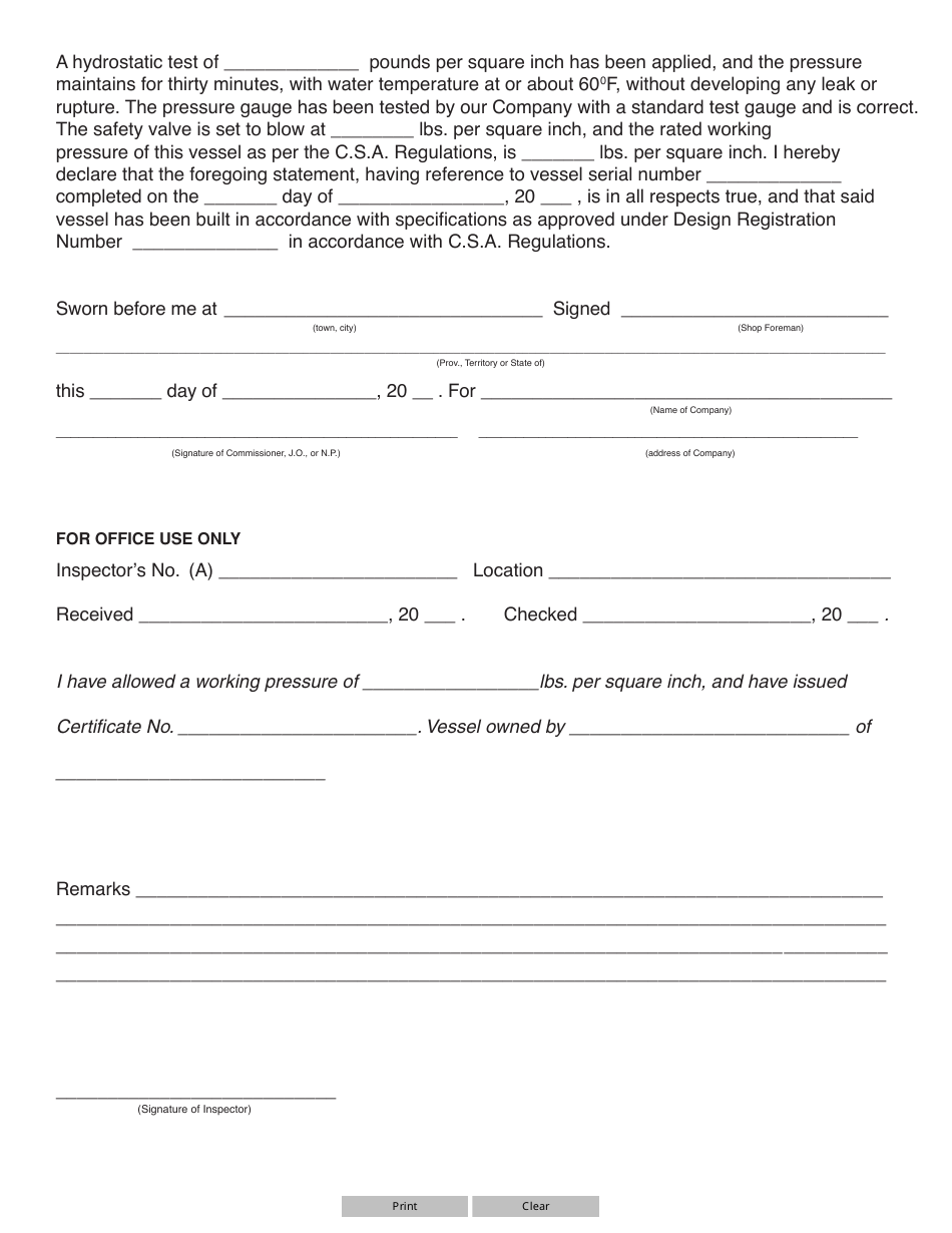 Form YG5399 Affidavit of Manufacturer for Cast Iron Boilers or Pressure Vessels - Yukon, Canada, Page 2