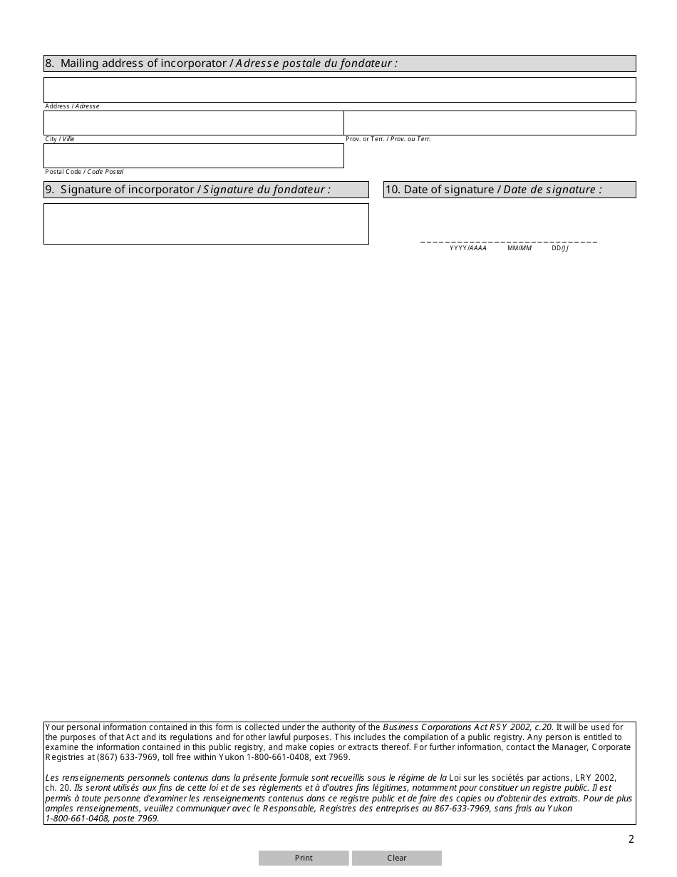 Form YG6119 (1) Articles of Incorporation - Yukon, Canada (English / French), Page 2
