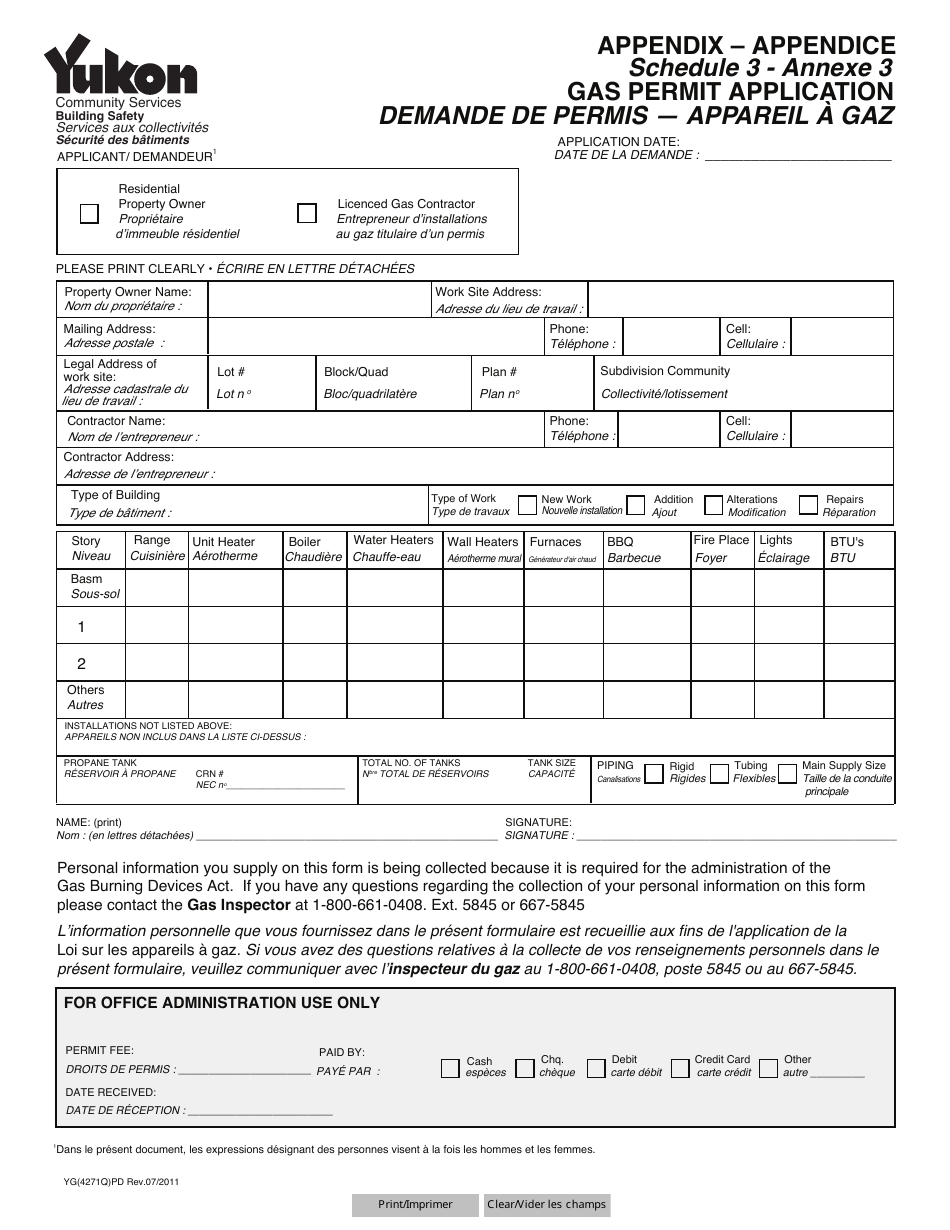 Form YG4271 Schedule 3 Gas Permit Application - Yukon, Canada (English / French), Page 1