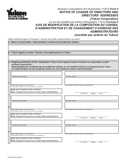 Form YG6126 Notice of Change of Directors and Directors' Addresses (Yukon Corporation) - Yukon, Canada (English/French)