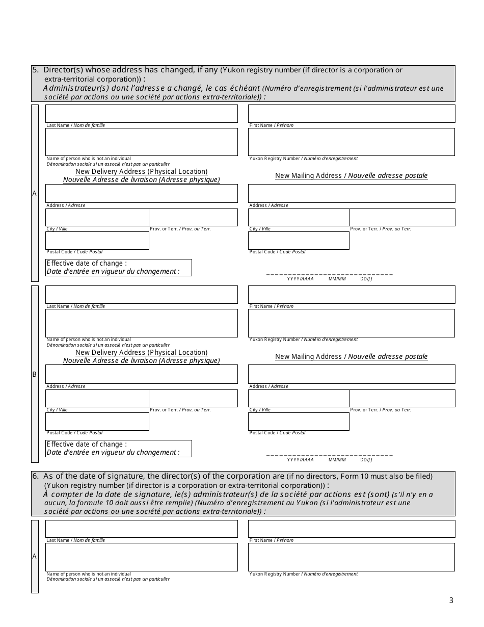 Form YG6126 Notice of Change of Directors and Directors Addresses (Yukon Corporation) - Yukon, Canada (English / French), Page 3