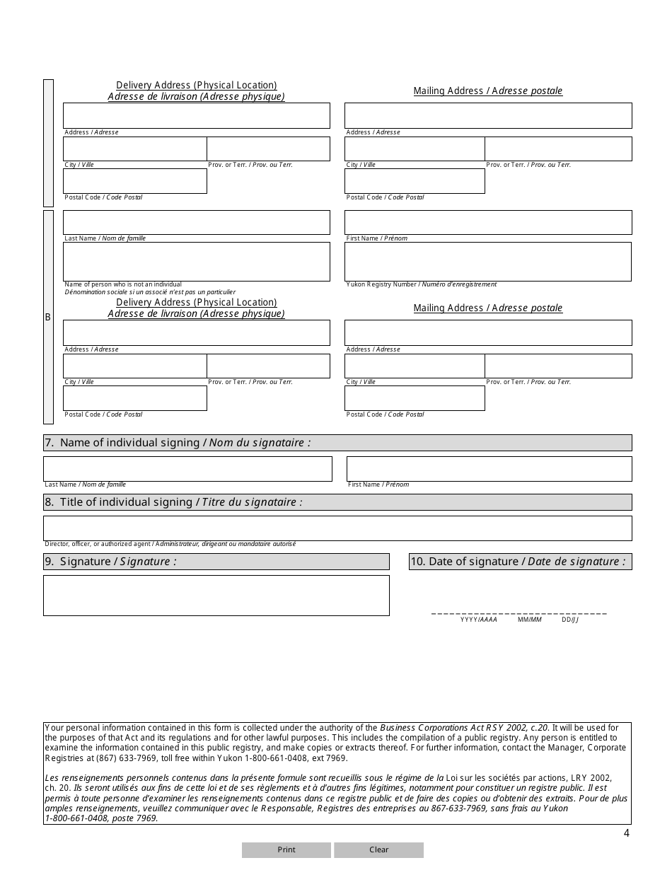 Form YG6126 Notice of Change of Directors and Directors Addresses (Yukon Corporation) - Yukon, Canada (English / French), Page 4