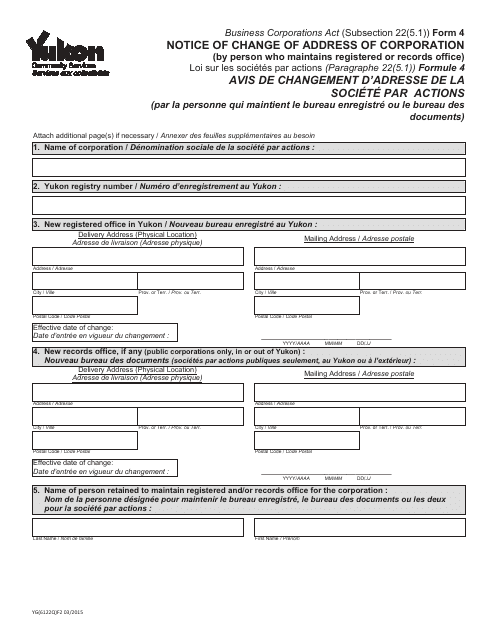 Form YG6122 (4) Notice of Change of Address of Corporation - Yukon, Canada
