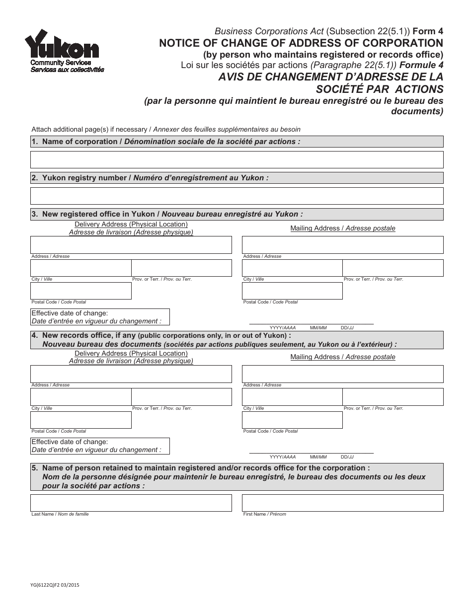 Form YG6122 (4) Notice of Change of Address of Corporation - Yukon, Canada, Page 1