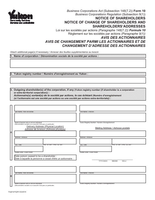 Form 10 (YG6127) Notice of Change of Shareholders and Shareholders' Addresses - Yukon, Canada (English/French)