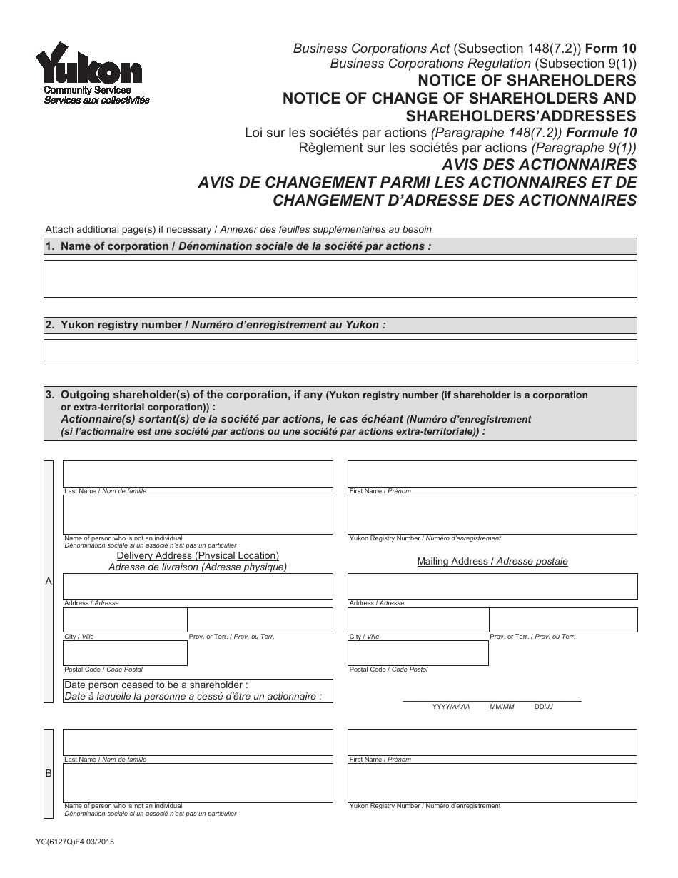 Form 10 (YG6127) Notice of Change of Shareholders and Shareholders Addresses - Yukon, Canada (English / French), Page 1