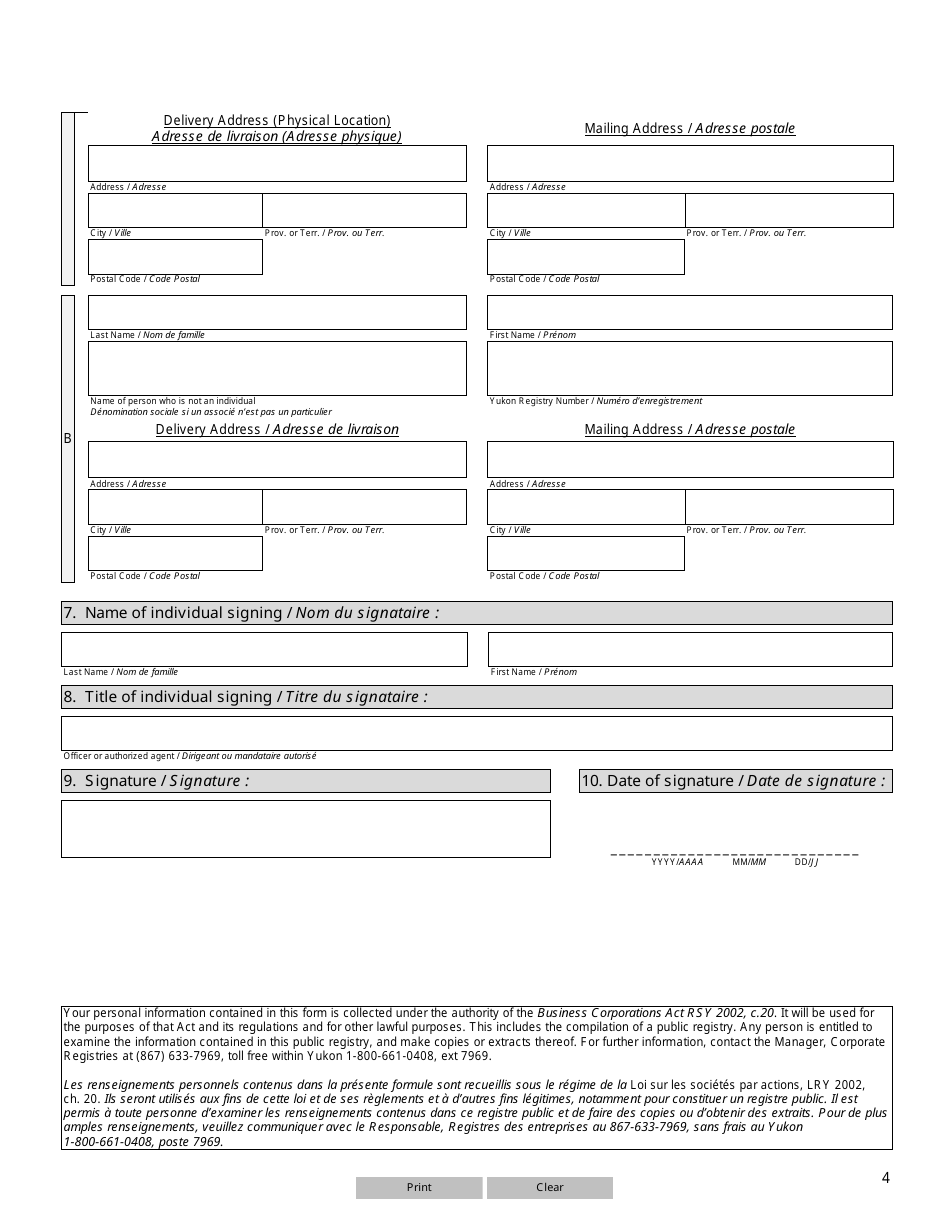 Form 10 (YG6127) Notice of Change of Shareholders and Shareholders Addresses - Yukon, Canada (English / French), Page 4