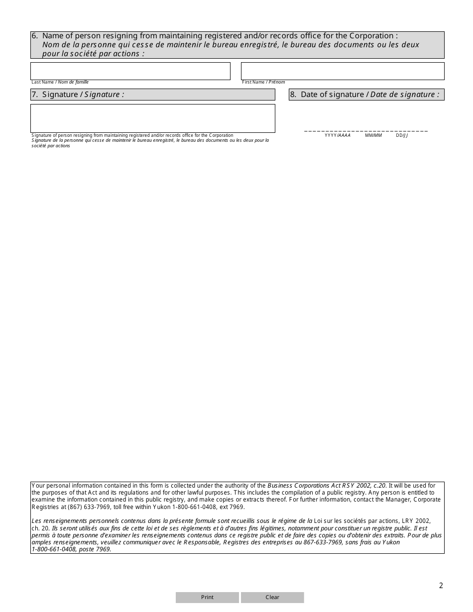 Form YG6123 (5) Notice of Resignation of Person Who Maintains Registered or Records Office - Yukon, Canada, Page 2