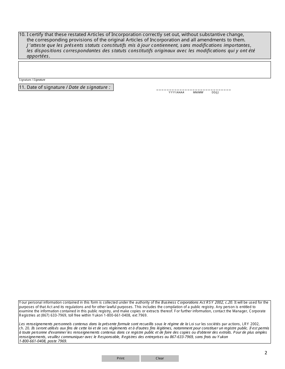 Form YG6128 (11) Restated Articles of Incorporation - Yukon, Canada (English / French), Page 2