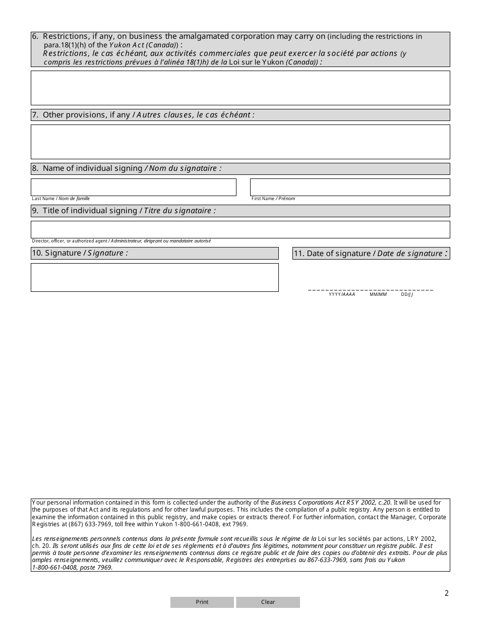Form YG6129 (12) Articles of Amalgamation - Yukon, Canada (English / French), Page 2
