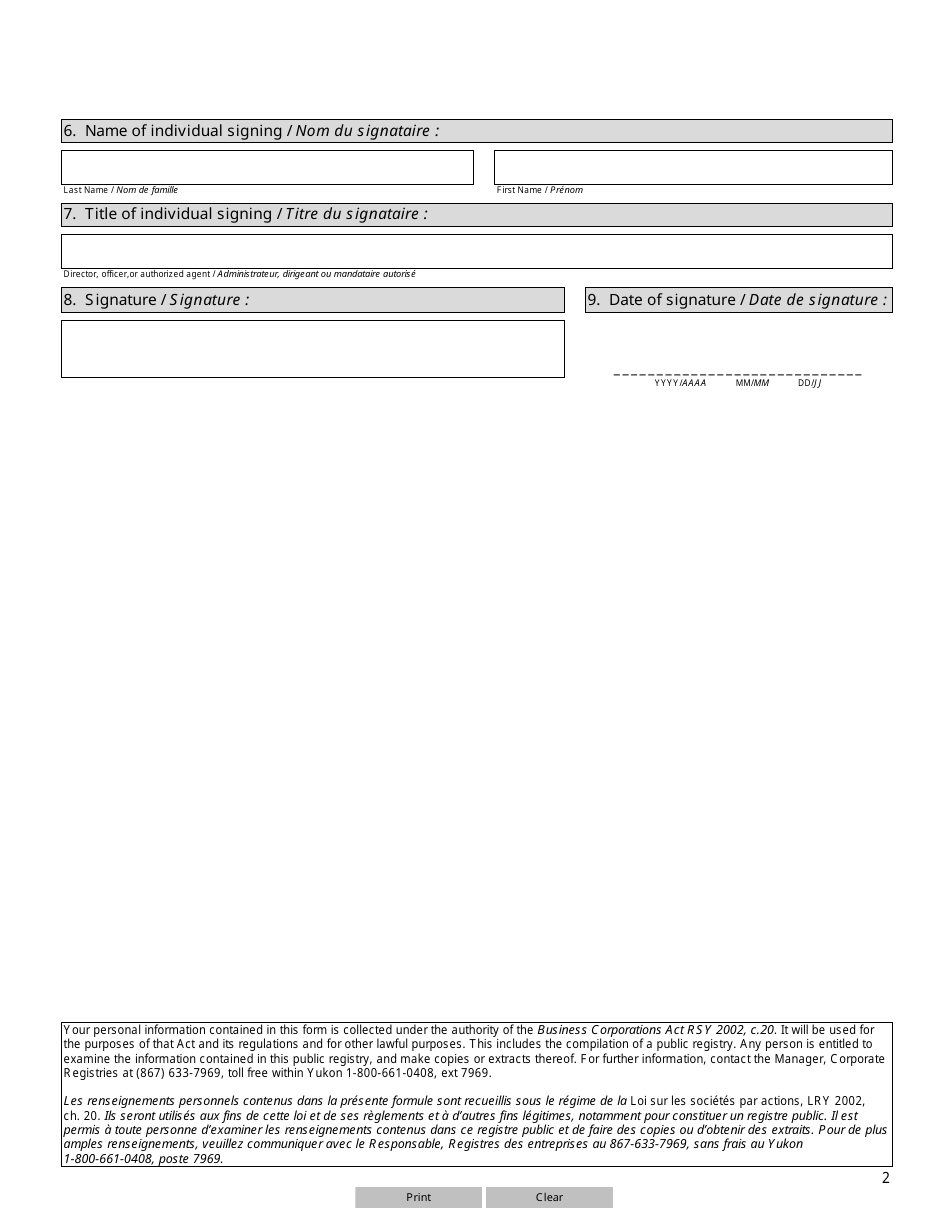 Form YG6130 (13) Application for Authorization to Amalgamate With Extra-territorial Body Corporate Into Another Jurisdiction - Yukon, Canada (English / French), Page 2