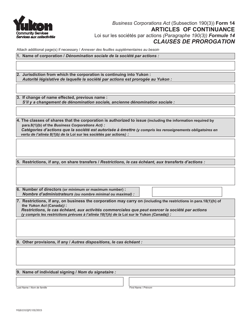 Form Yg6131 14 Download Fillable Pdf Or Fill Online Articles Of Continuance Yukon Canada English French Templateroller