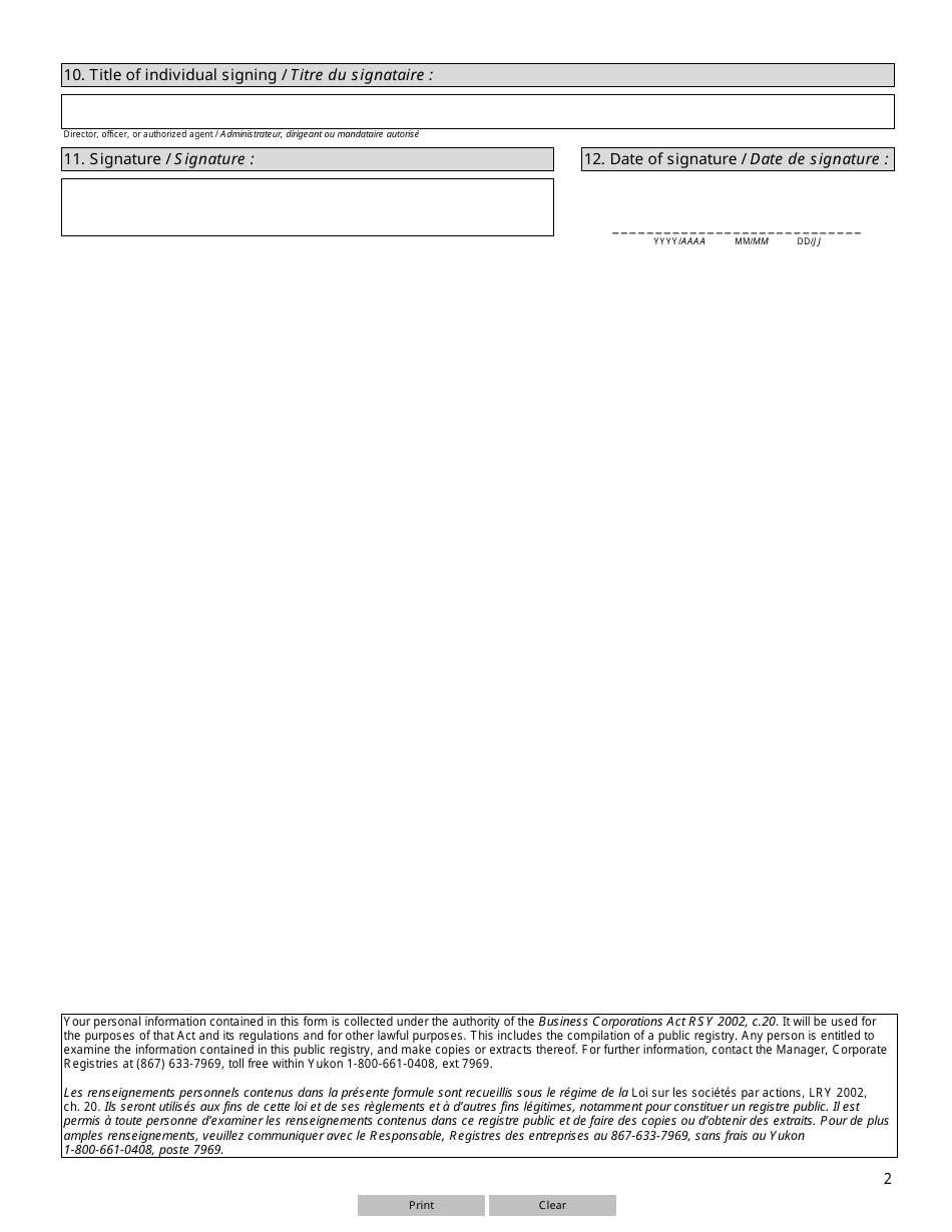 Form YG6131 (14) Articles of Continuance - Yukon, Canada (English / French), Page 2