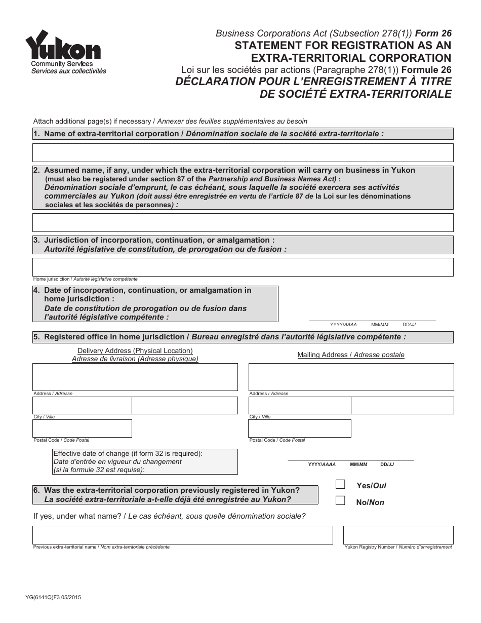 Form 26 (YG6141) Statement for Registration as an Extra-territorial Corporation - Yukon, Canada (English / French), Page 1
