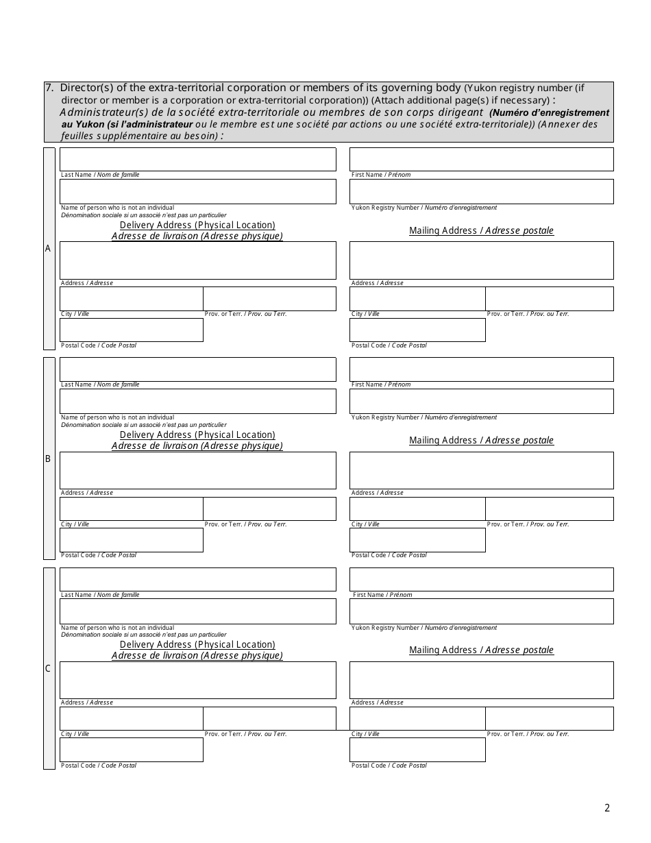 Form 26 (YG6141) Statement for Registration as an Extra-territorial Corporation - Yukon, Canada (English / French), Page 2