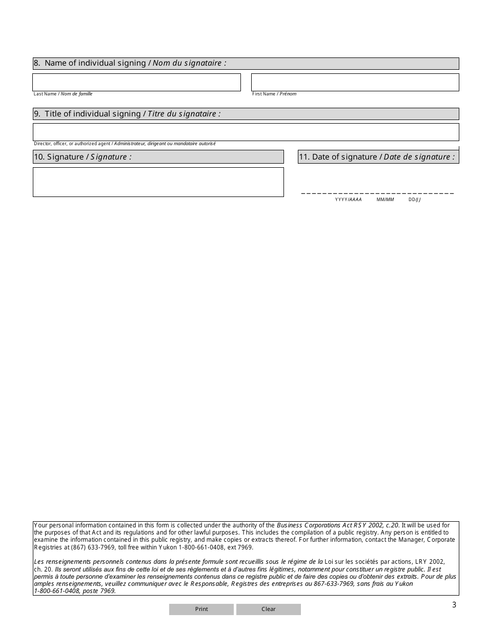Form 26 (YG6141) Statement for Registration as an Extra-territorial Corporation - Yukon, Canada (English / French), Page 3
