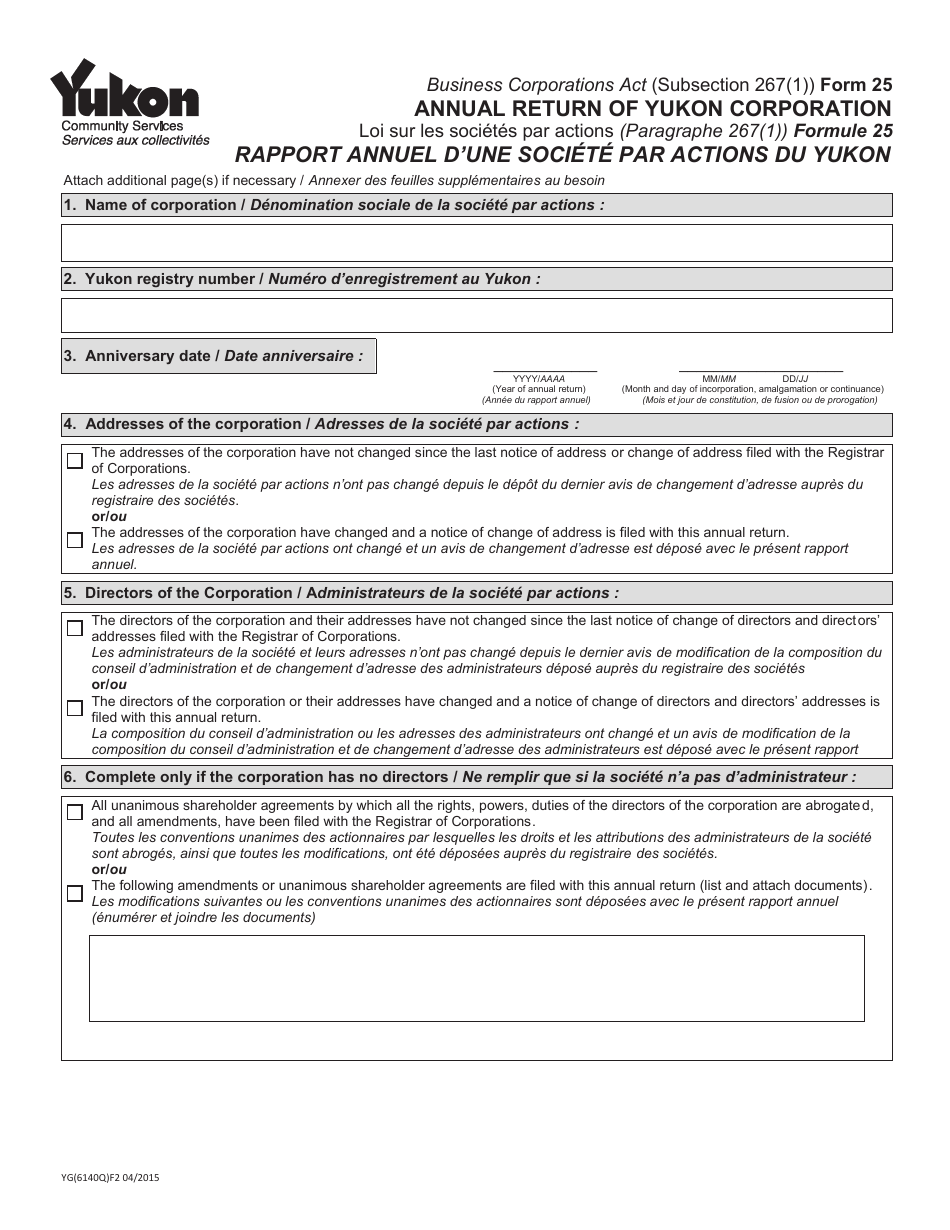 Form Yg6140 25 Download Fillable Pdf Or Fill Online Annual Return Of Yukon Corporation Yukon Canada English French Templateroller