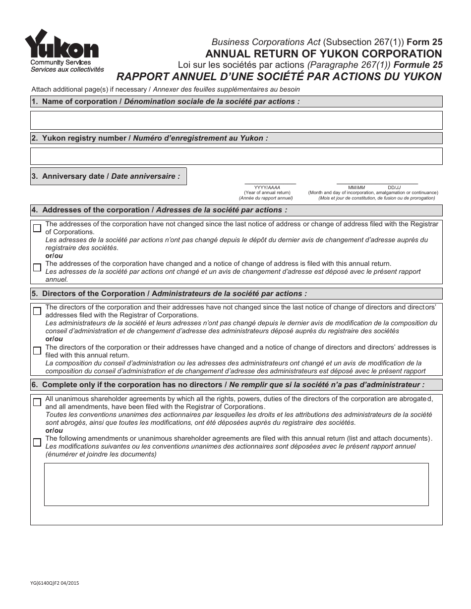 Form YG6140 (25) Annual Return of Yukon Corporation - Yukon, Canada (English / French), Page 1