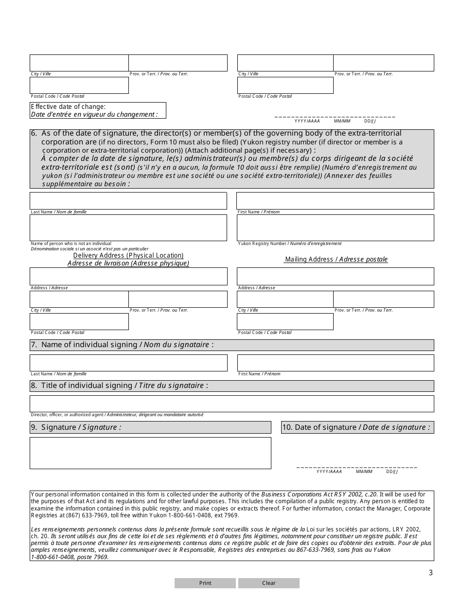Form 33 (YG6146) Notice of Change of Directors and Directorsaddresses (Extra-territorial Corporation) - Yukon, Canada (English / French), Page 3