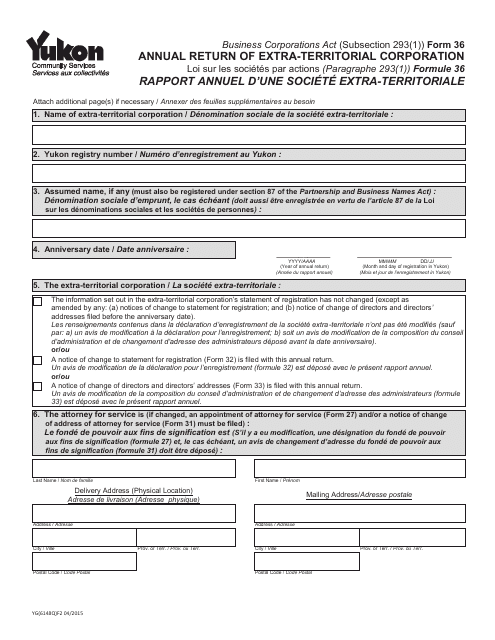 Form YG6148 (36) Annual Return of Extra-territorial Corporation - Yukon, Canada (English/French)