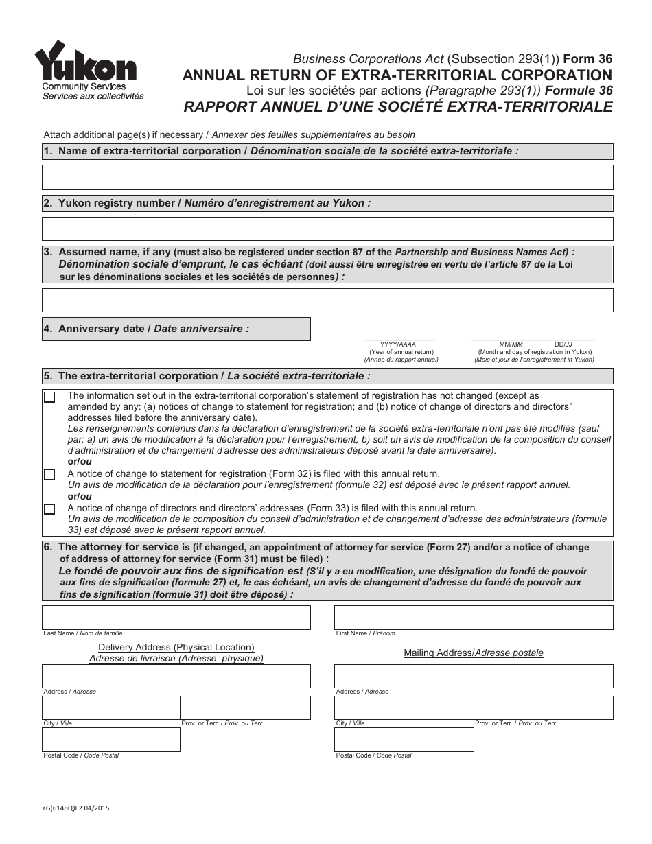 Form YG6148 (36) Annual Return of Extra-territorial Corporation - Yukon, Canada (English / French), Page 1