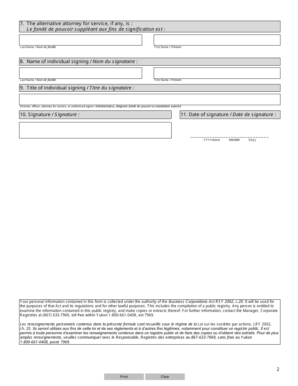 Form YG6148 (36) Annual Return of Extra-territorial Corporation - Yukon, Canada (English / French), Page 2