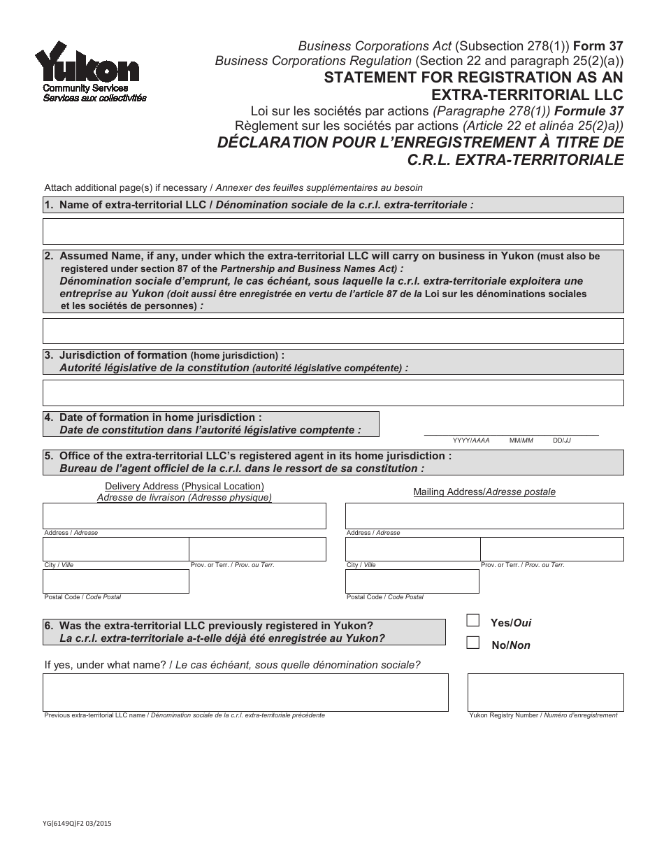 Form 37 (YG6149) Statement for Registration as an Extra-territorial Llc - Yukon, Canada (English / French), Page 1