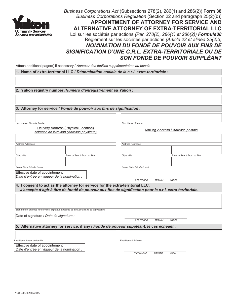 Form 38 (YG6150) Appointment of Attorney for Service and Alternative Attorney of Extra-territorial Llc - Yukon, Canada (English/French), Page 1