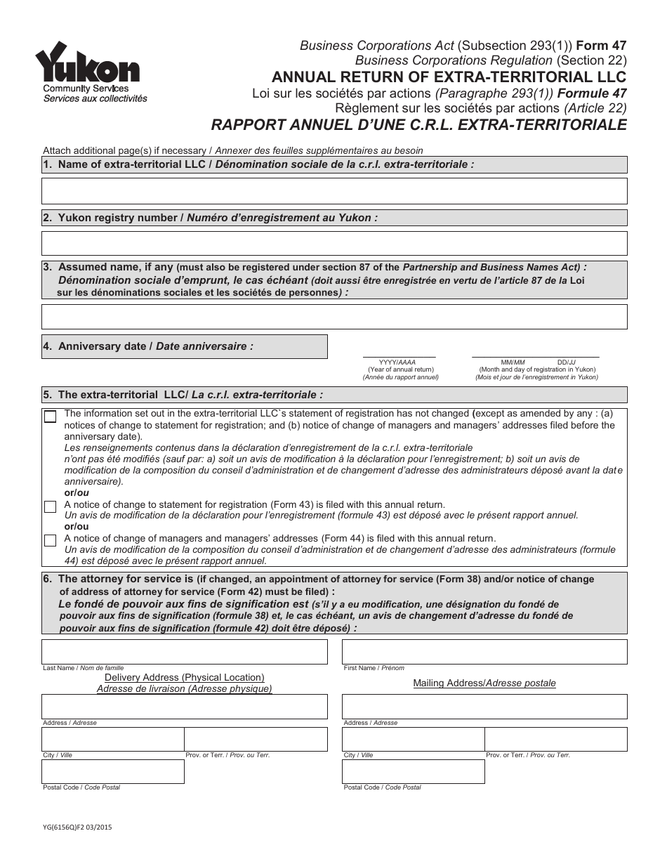 Form 47 (YG6156) Annual Return of Extra-territorial Llc - Yukon, Canada (English / French), Page 1