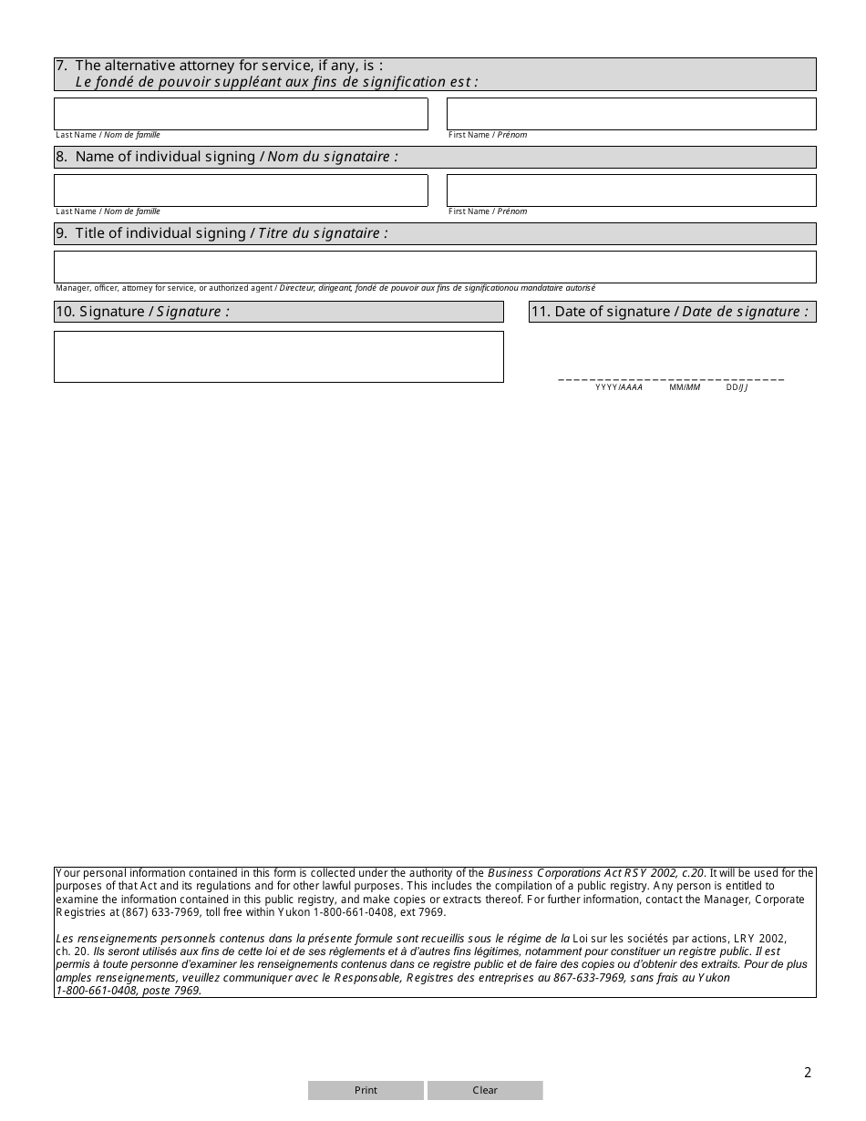Form 47 (YG6156) Annual Return of Extra-territorial Llc - Yukon, Canada (English / French), Page 2
