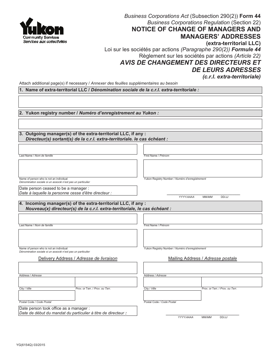 Form 44 (YG6154) Notice of Change of Managers and Managers Addresses (Extra-territorial LLC) - Yukon, Canada (English / French), Page 1