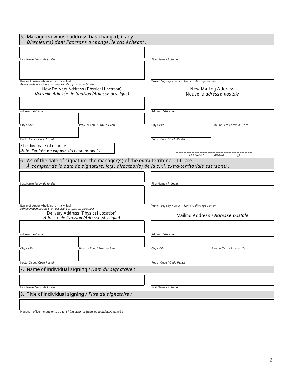Form 44 (YG6154) Notice of Change of Managers and Managers Addresses (Extra-territorial LLC) - Yukon, Canada (English / French), Page 2