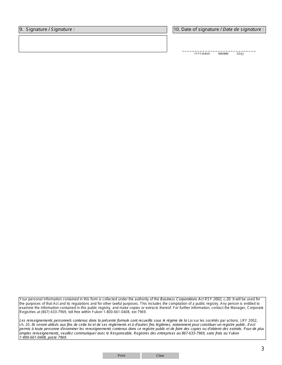 Form 44 (YG6154) Notice of Change of Managers and Managers Addresses (Extra-territorial LLC) - Yukon, Canada (English / French), Page 3