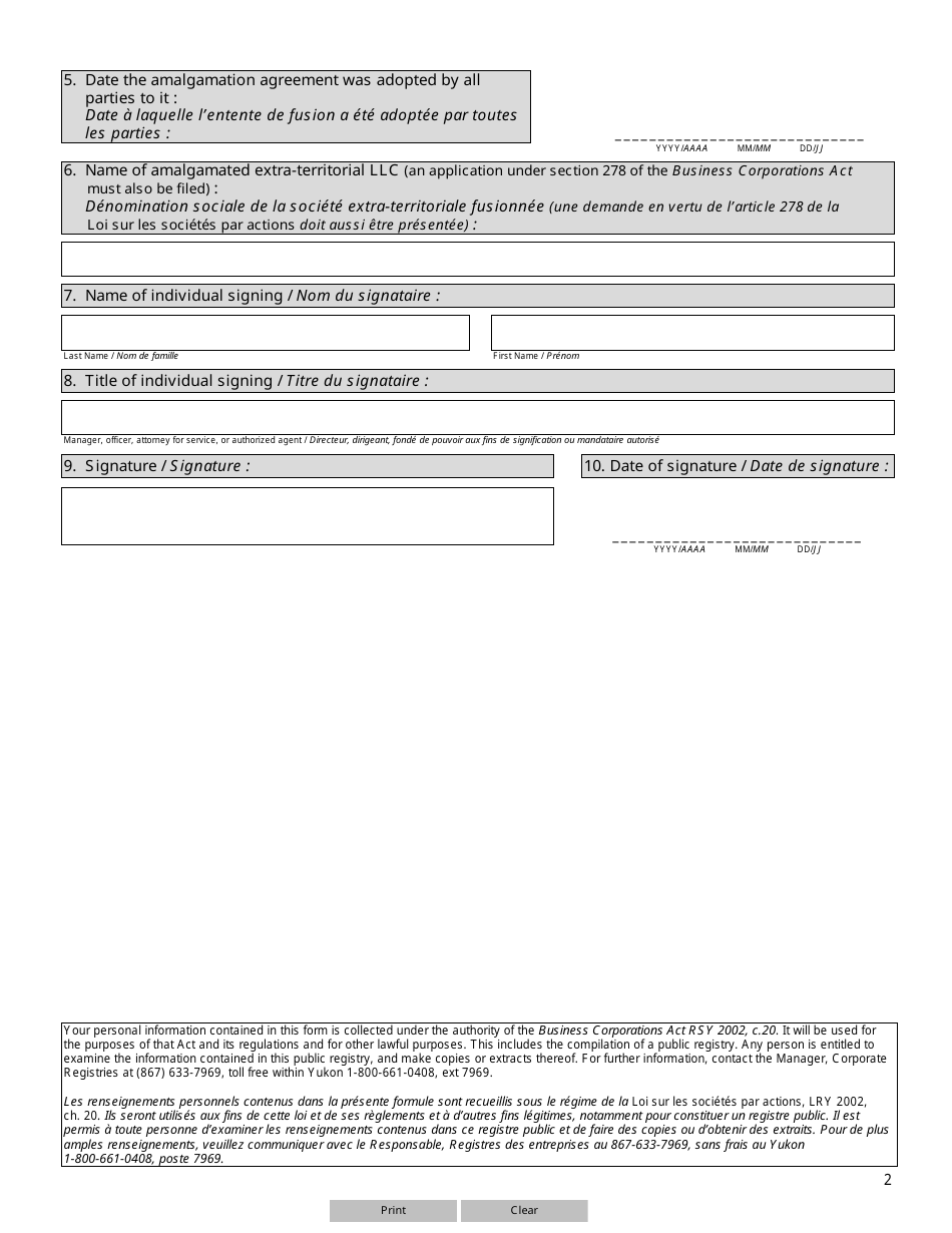Form 46 (YG6155) Statement of Amalgamation of Extra-territorial LLC Effected in Another Jurisdiction - Yukon, Canada (English / French), Page 2