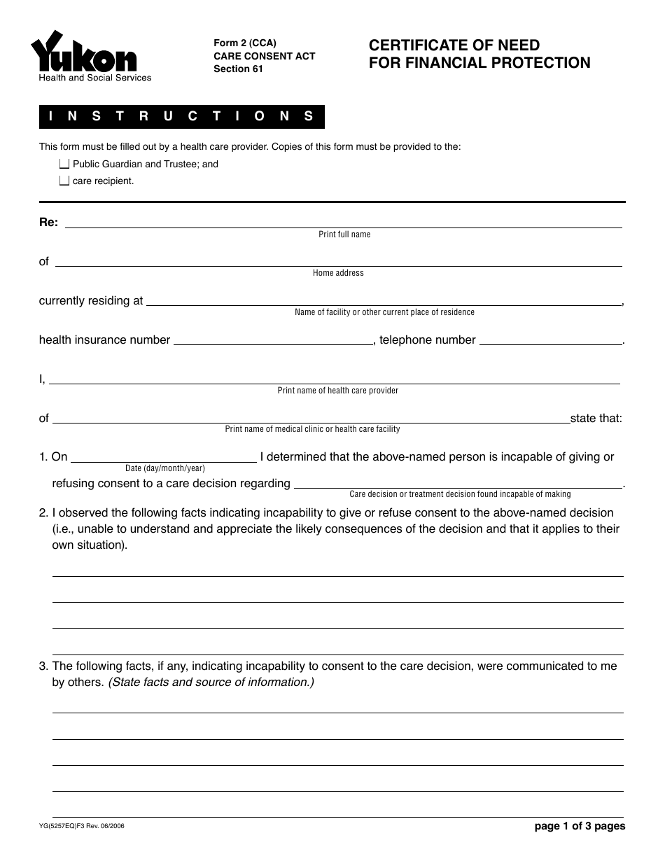 Form 2 (YG5257) Certificate of Need for Financial Protection - Yukon, Canada, Page 1