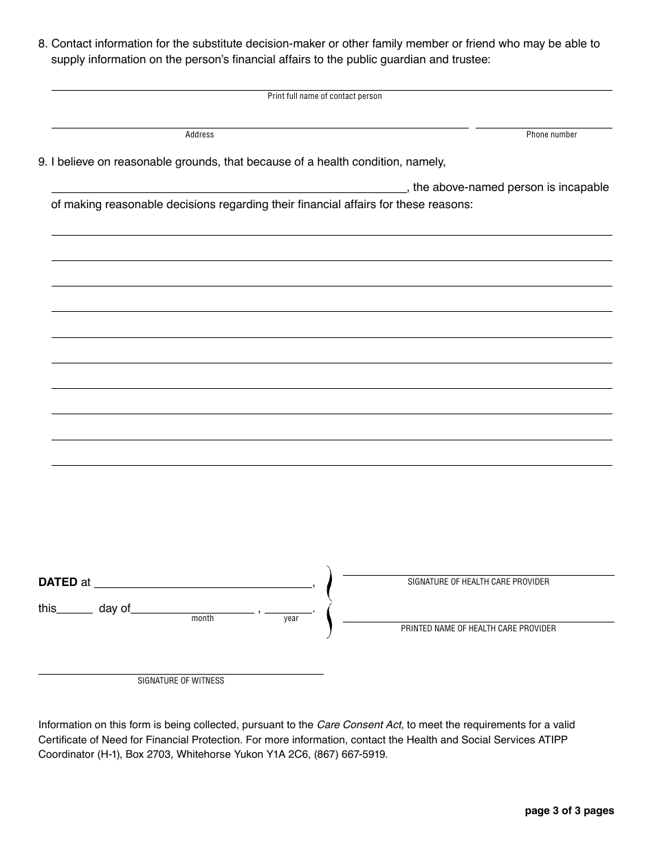 Form 2 (YG5257) Certificate of Need for Financial Protection - Yukon, Canada, Page 3