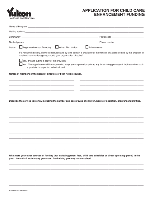 Form YG4864 Application for Child Care Enhancement Funding - Yukon, Canada
