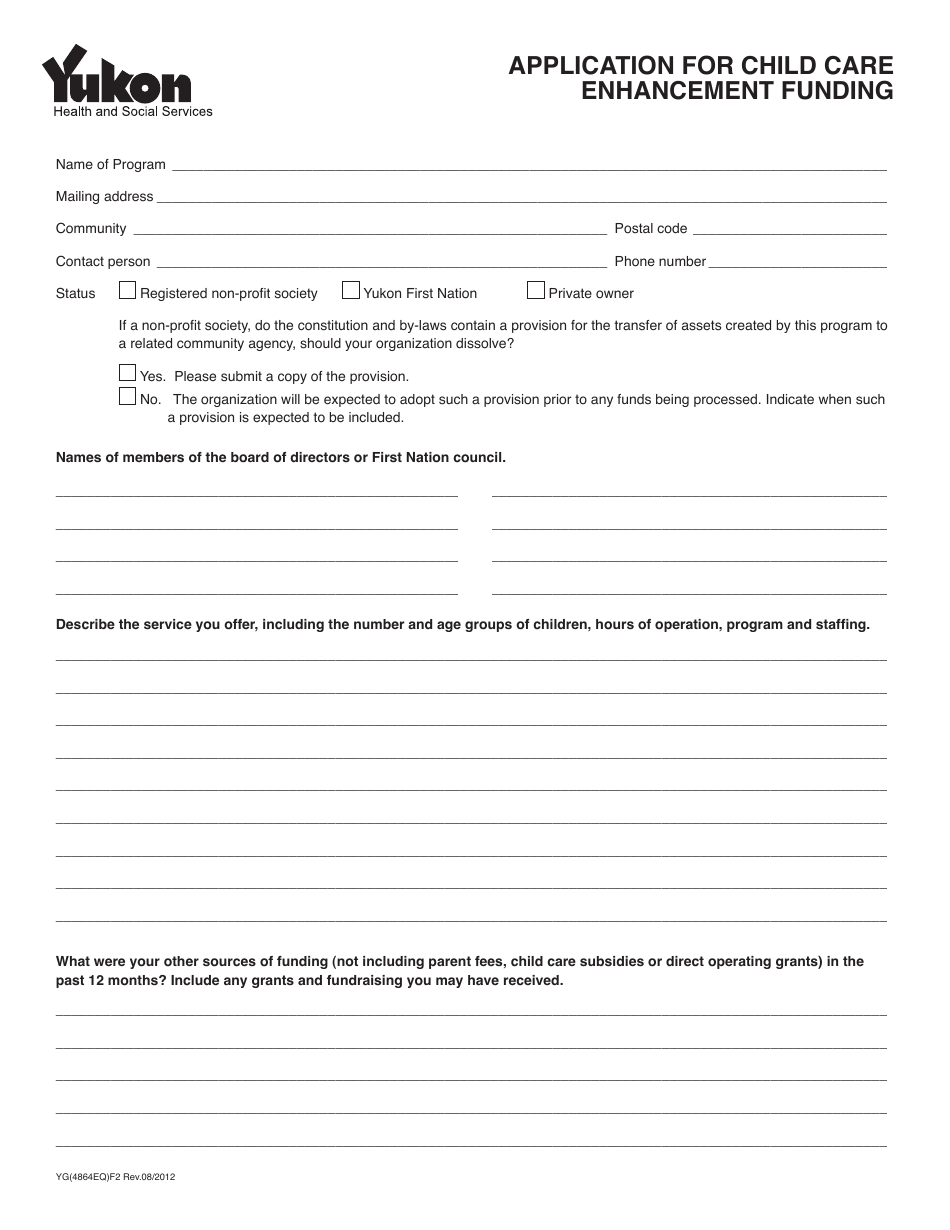 Form YG4864 Application for Child Care Enhancement Funding - Yukon, Canada, Page 1