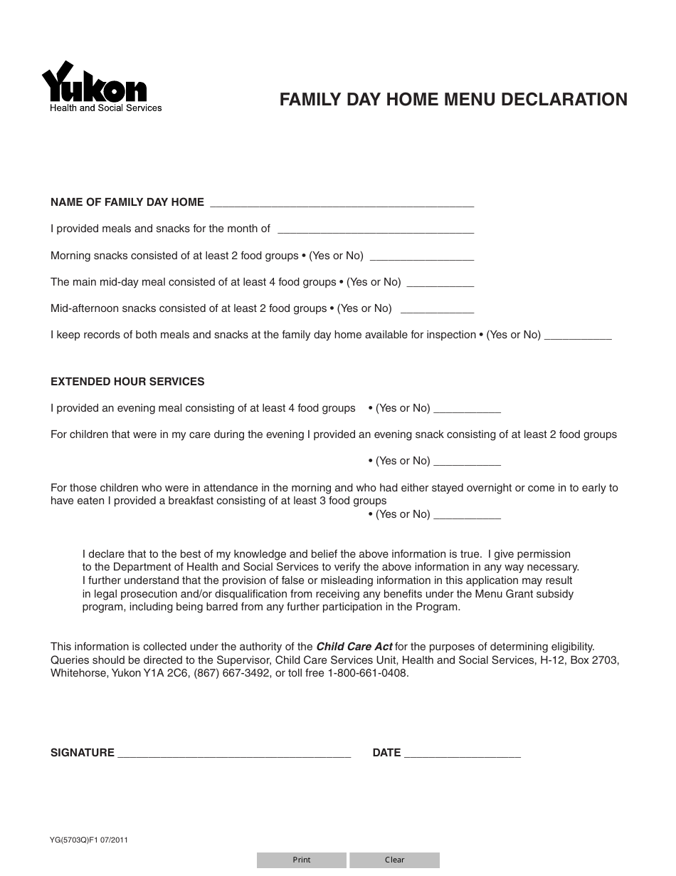 Form YG5703 Family Day Home Menu Declaration - Yukon, Canada, Page 1