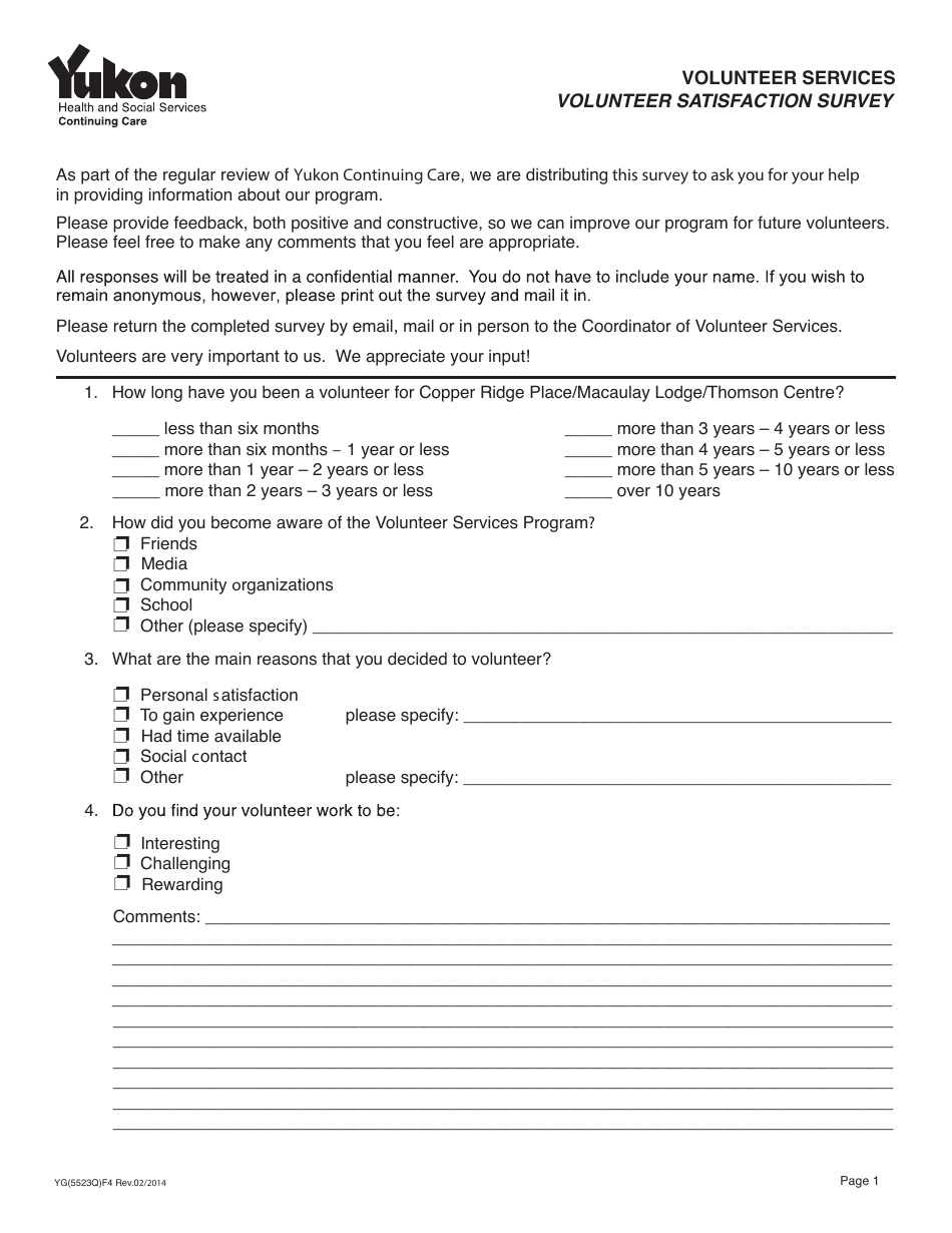 Form YG5523 Volunteer Satisfaction Survey - Yukon, Canada, Page 1