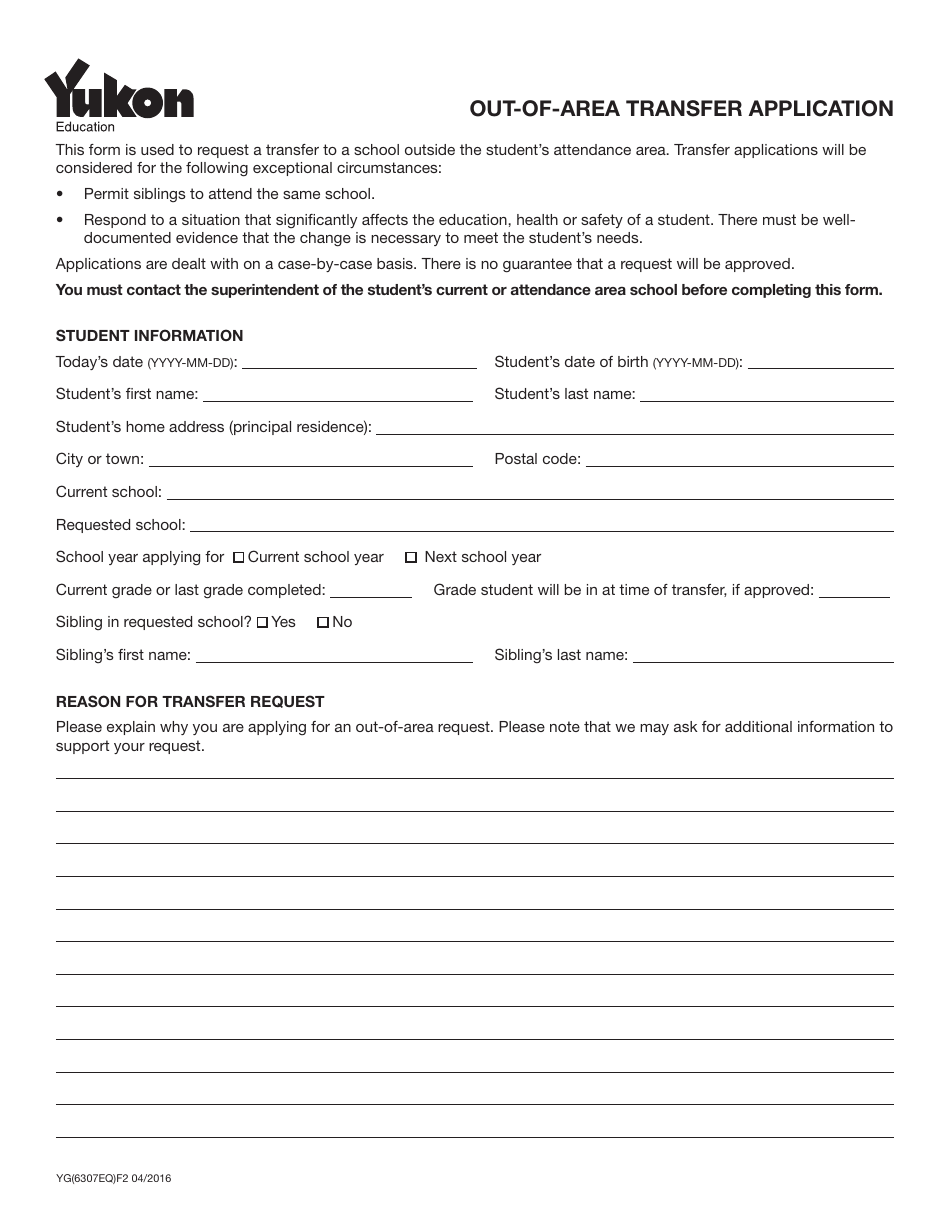 Form YG6307 Out-Of-Area Transfer Application - Yukon, Canada, Page 1