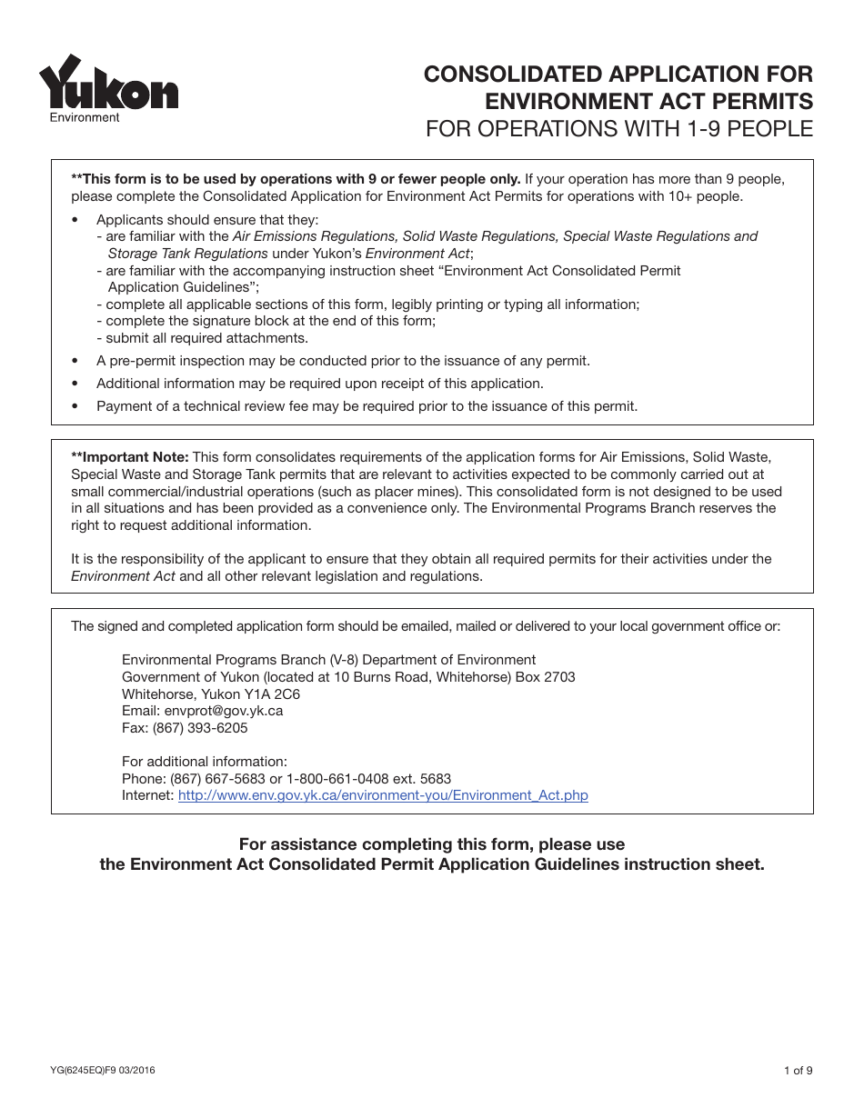 Form YG6245 Fill Out, Sign Online and Download Fillable PDF, Yukon